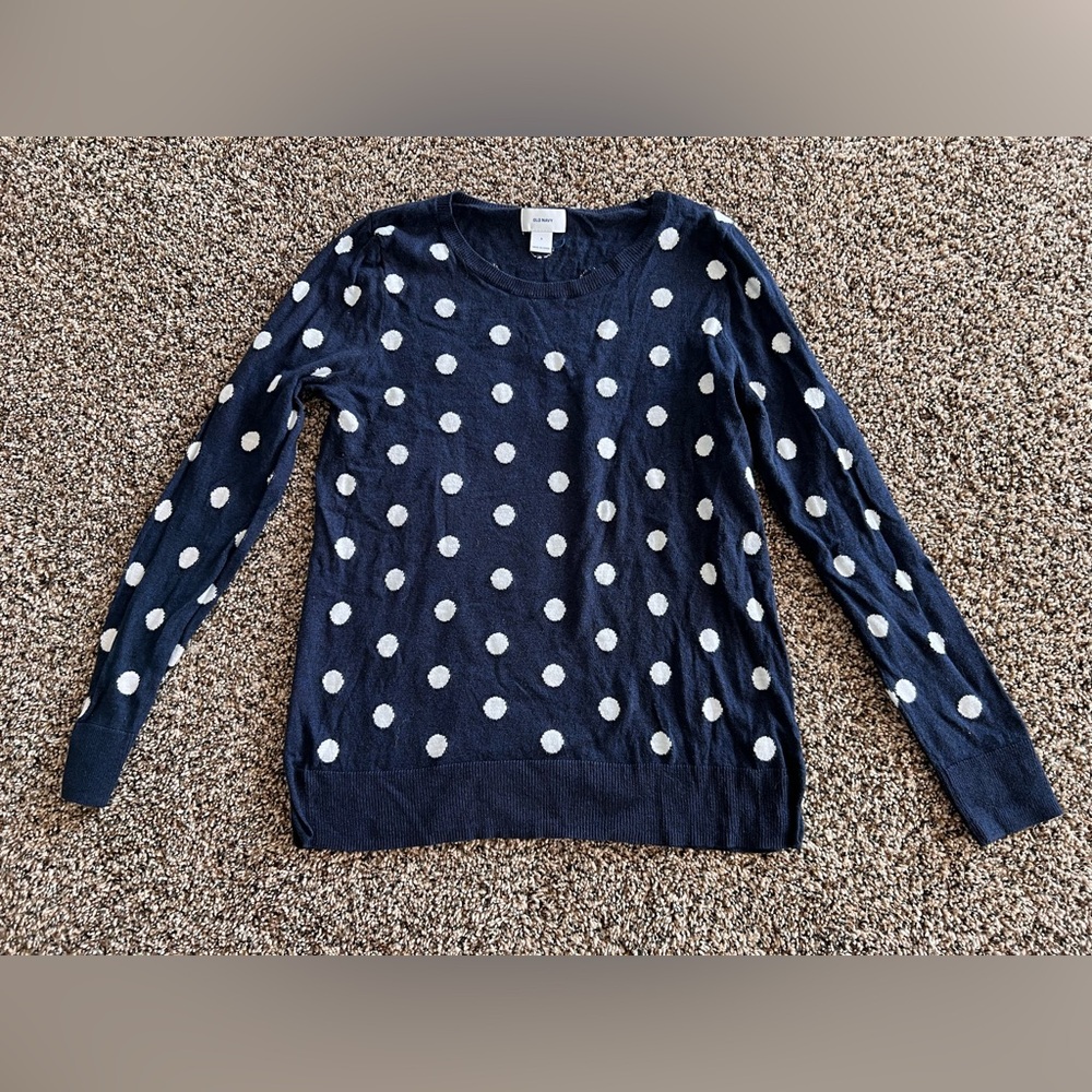 Old Navy Women’s Polka Dot Crewneck Sweater Size S Navy Blue White Dots